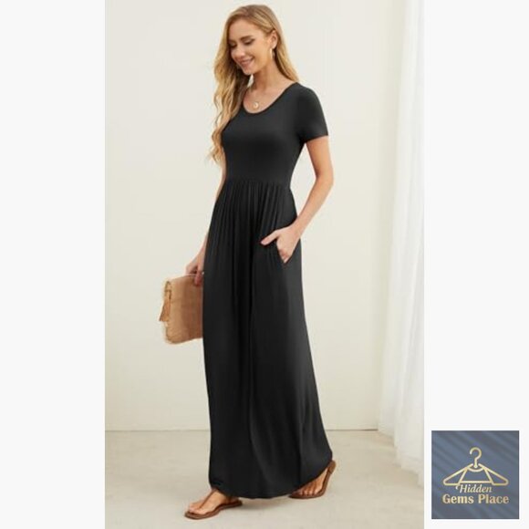 Summer Maxi Dress with Pockets, Short Sleeve Crew Neck, Relaxed Fit - Picture 5 of 7